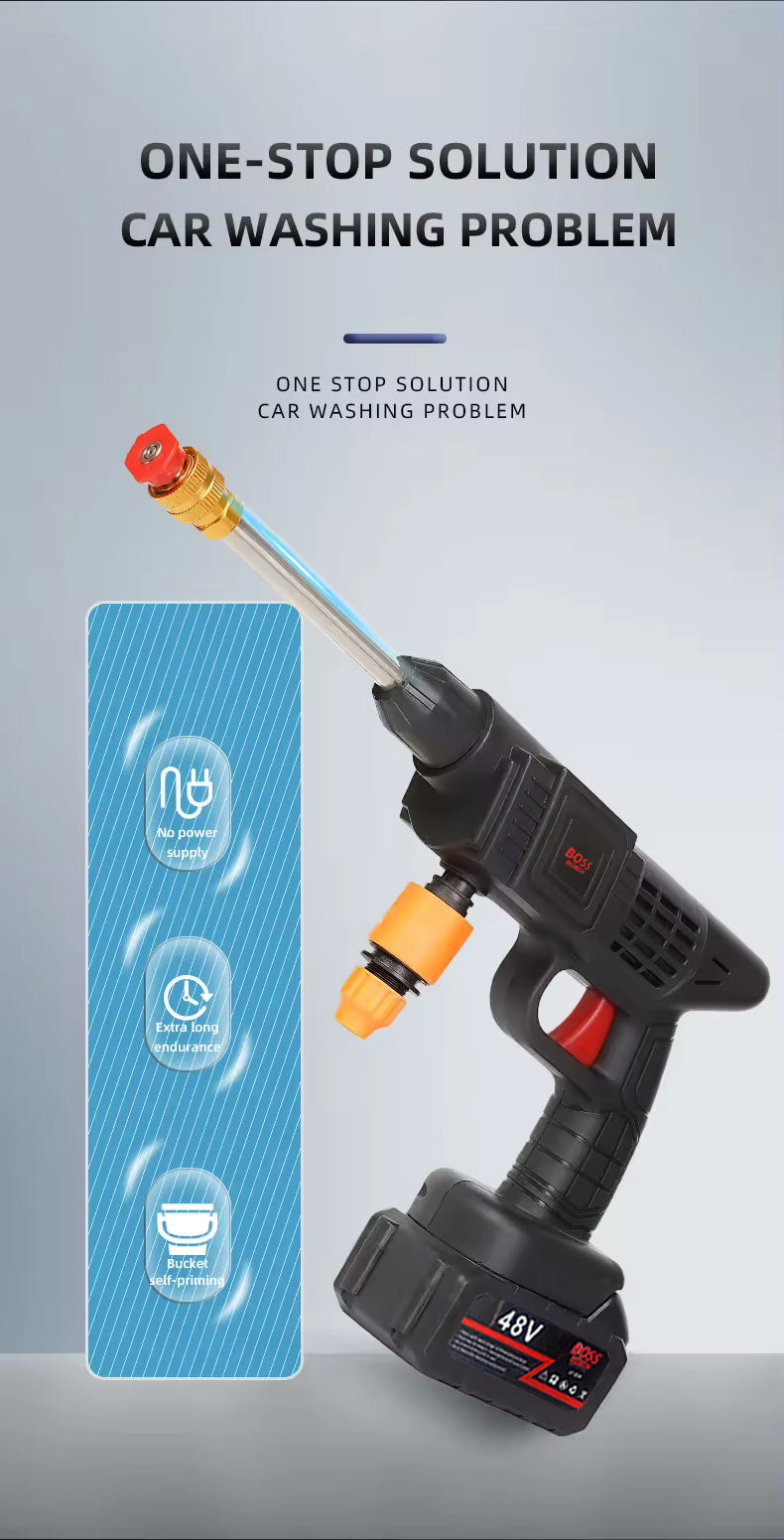 BOSS 48V Cordless High-Pressure Car Washing Gun with Dual Lithium-Ion Batteries, Foam Pot, Multi Nozzle Kit, and Portable Carry Case - Charger Included