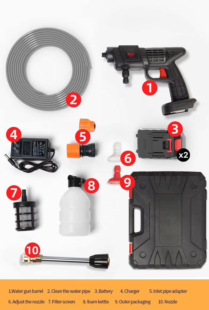 BOSS 48V Cordless High-Pressure Car Washing Gun with Dual Lithium-Ion Batteries, Foam Pot, Multi Nozzle Kit, and Portable Carry Case - Charger Included