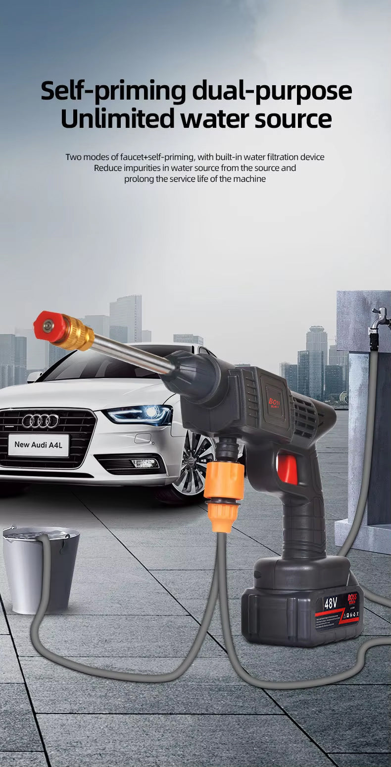 BOSS 48V Cordless High-Pressure Car Washing Gun with Dual Lithium-Ion Batteries, Foam Pot, Multi Nozzle Kit, and Portable Carry Case - Charger Included