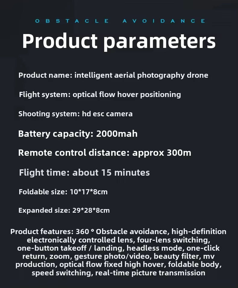 Power Aerial Smart RC Dual HD Camera Quadcopter Drone with 50X Zoom and 4“ LED Screen Remote, 360° Obstacle Avoidance, Optical Flow Hover, Gesture Control