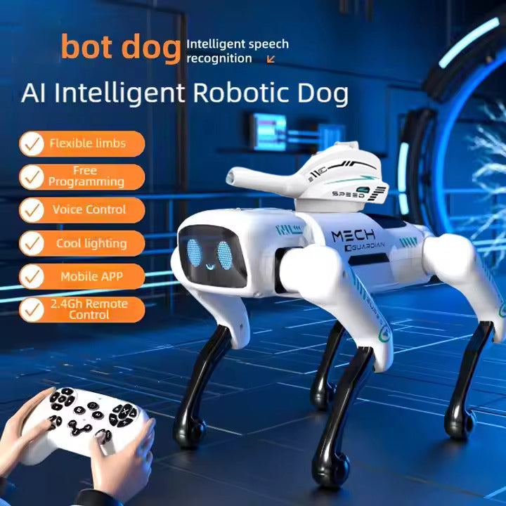 Mech Guardian Intelligent RC Robot Dog Toy with Water Bomb Launcher, LED Eyes, Dancing, and Educational Modes - Rechargeable & Mobile App Controllable