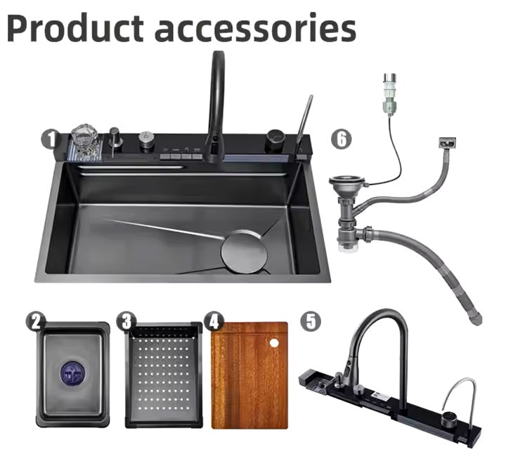 Premium Smart Stainless Steel Kitchen Sink with Waterfall & Pull-Down Faucet, RO Tap, Glass Washer, Draining Baskets, Temperature Display & Controller - 30 x 20 x 10 inch