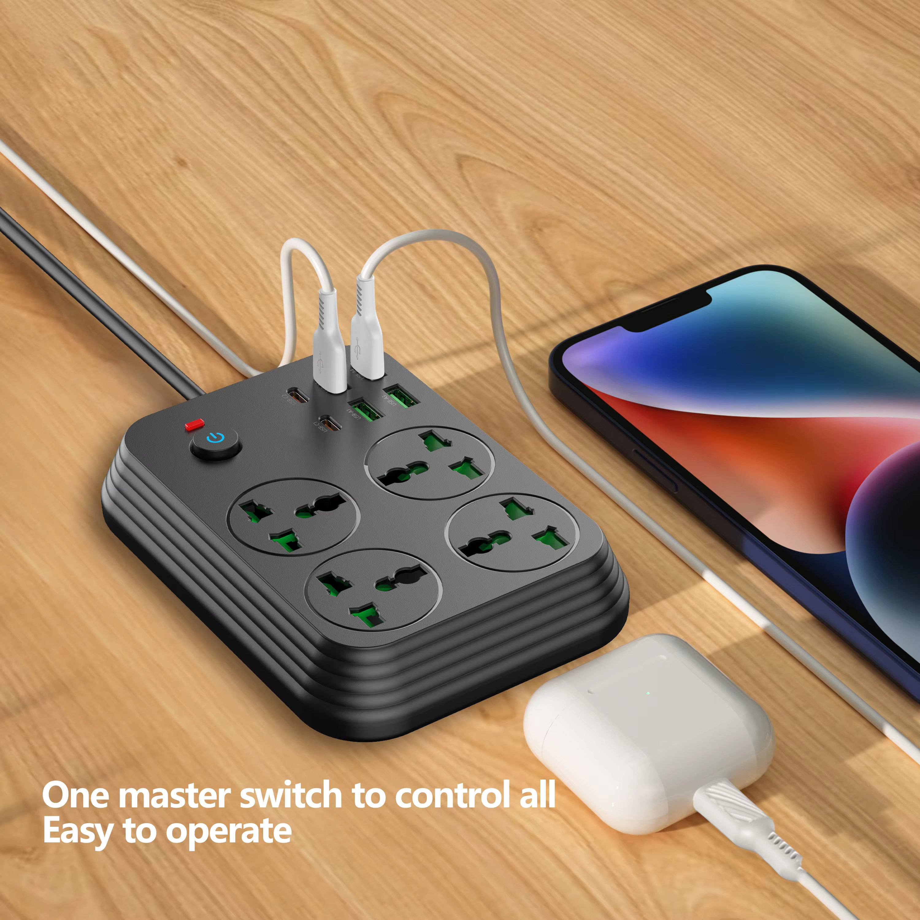 4-Way Universal Extension Board with Master Switch, 4 AC Sockets, 4 USB Ports, 2 Type-C PD Ports - 3000W Output