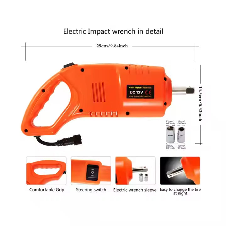4-in-1 Emergency Car Repair Kit with 5 Ton Electric Jack & Impact Wrench with 12V Power Plug & Alligator Clips