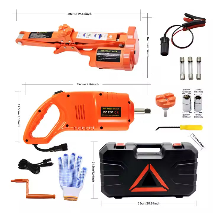 4-in-1 Emergency Car Repair Kit with 5 Ton Electric Jack & Impact Wrench with 12V Power Plug & Alligator Clips