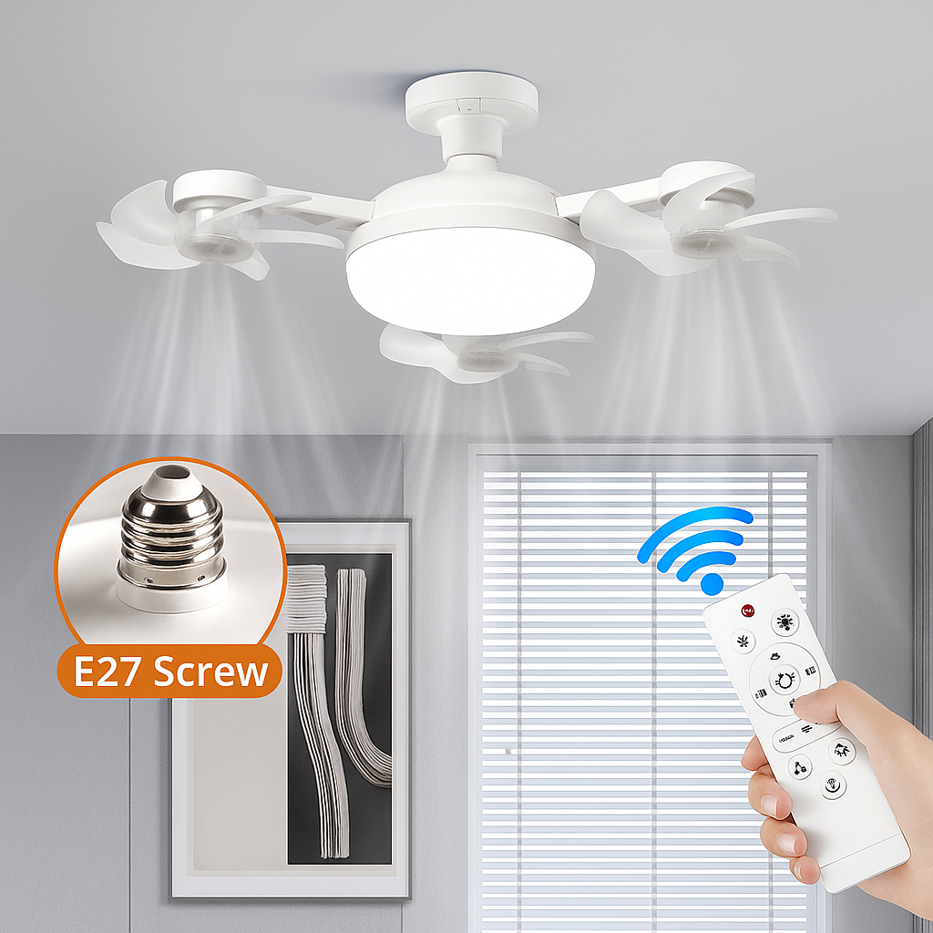 Drone Style Triple Head Ceiling Fan & LED Light with E27 Bulb Fit & Remote Control - Strong Wind & Energy Saving for Bedroom, Kitchen & Living Room