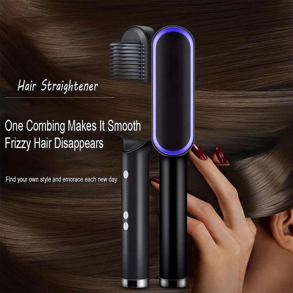 Professional Hair Straightening Hot Brush with 5 Temperature Levels, Anti-Scald Design & Dual Straightener Curler Function for All Hair Types