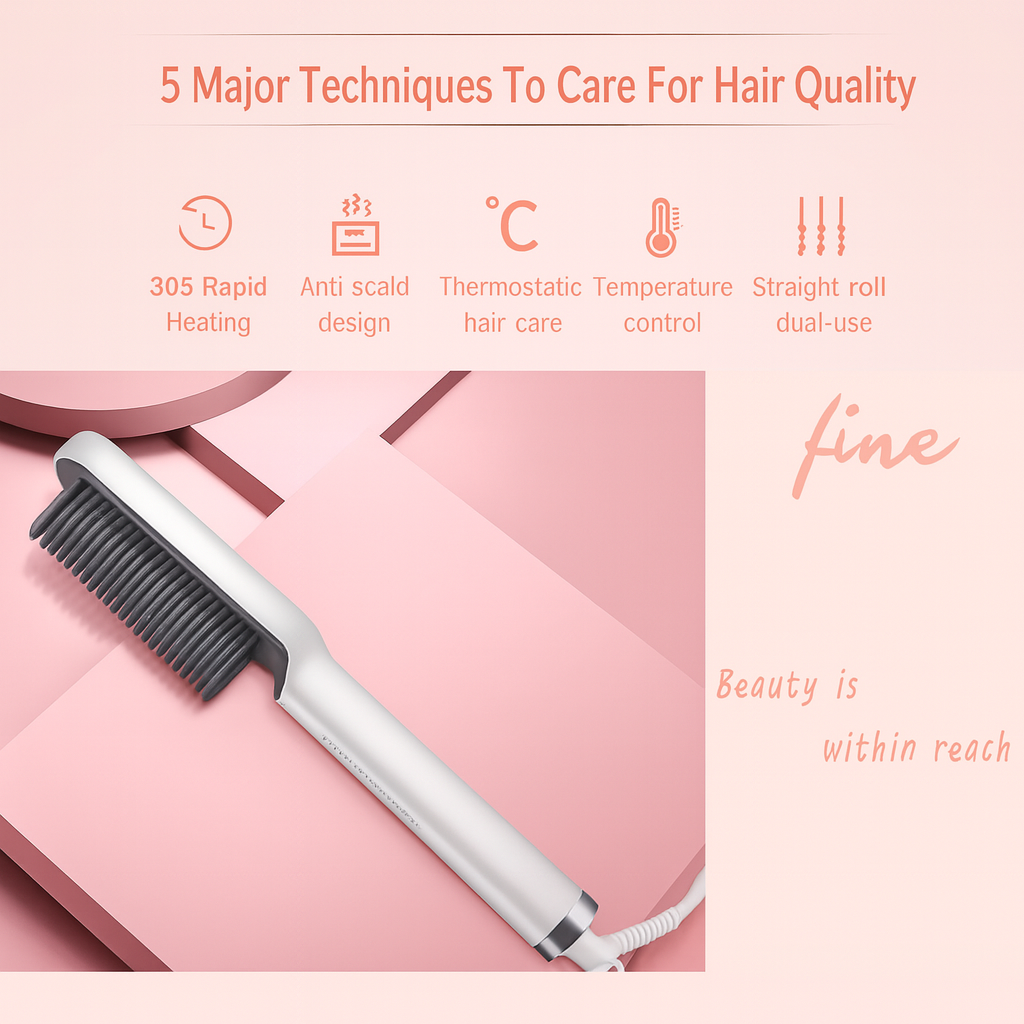 Professional Hair Straightening Hot Brush with 5 Temperature Levels, Anti-Scald Design & Dual Straightener Curler Function for All Hair Types