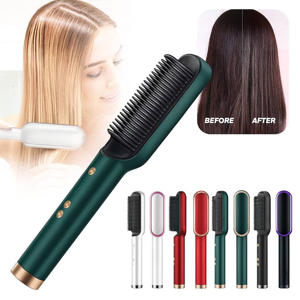 Professional Hair Straightening Hot Brush with 5 Temperature Levels, Anti-Scald Design & Dual Straightener Curler Function for All Hair Types