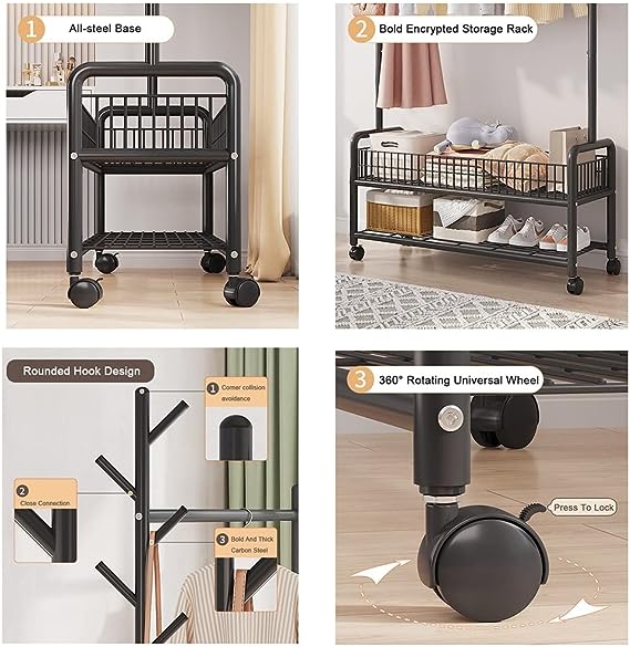 Modern Clothes Stand & Hanger Rack Organiser with Multi-Functional Storage and Hooks
