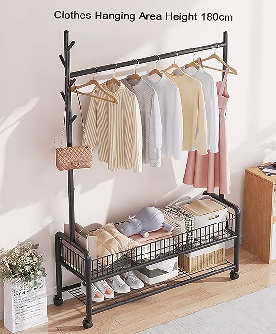 Modern Clothes Stand & Hanger Rack Organiser with Multi-Functional Storage and Hooks