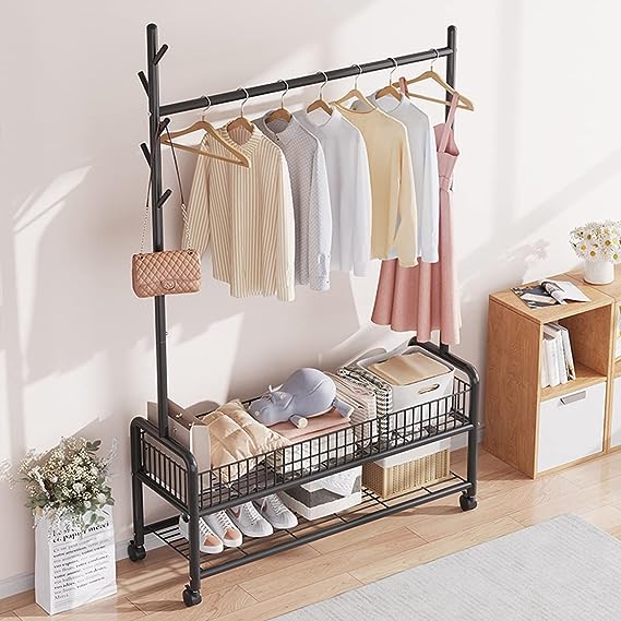 Modern Clothes Stand & Hanger Rack Organiser with Multi-Functional Storage and Hooks