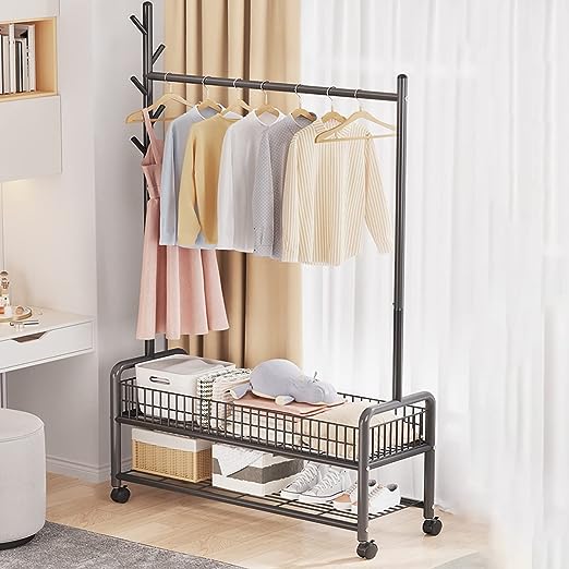 Modern Clothes Stand & Hanger Rack Organiser with Multi-Functional Storage and Hooks