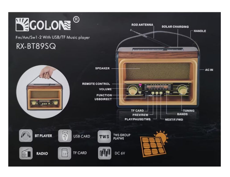 Golon Retro Radio & Solar Bluetooth Speaker with AUX/FM/AM/SW - USB/SD/TF with Remote Control