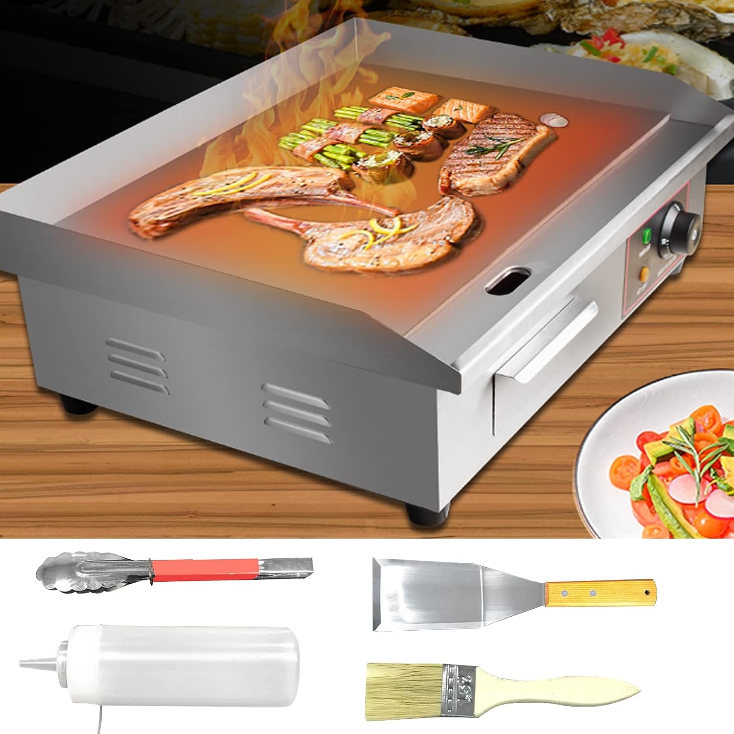 Electric Countertop Griddle Grill with Flat Top & Stainless Steel Body - 3000W -Thermostatic Control for Home, Outdoor & Commercial Cooking