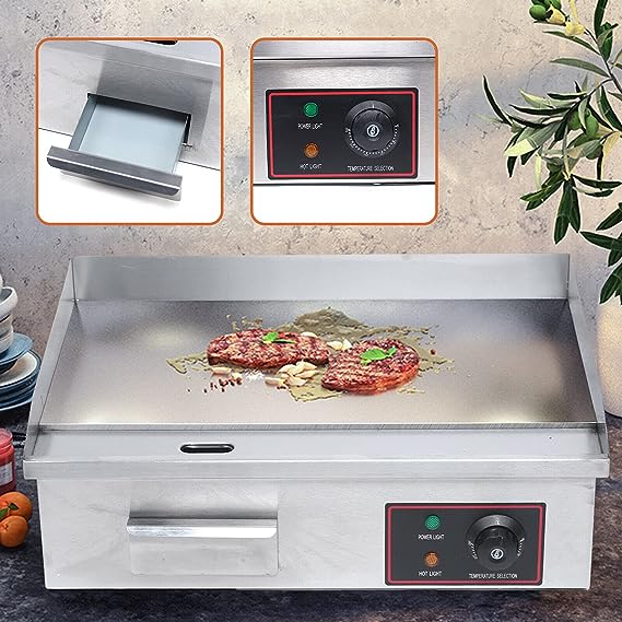 Electric Countertop Griddle Grill with Flat Top & Stainless Steel Body - 3000W -Thermostatic Control for Home, Outdoor & Commercial Cooking