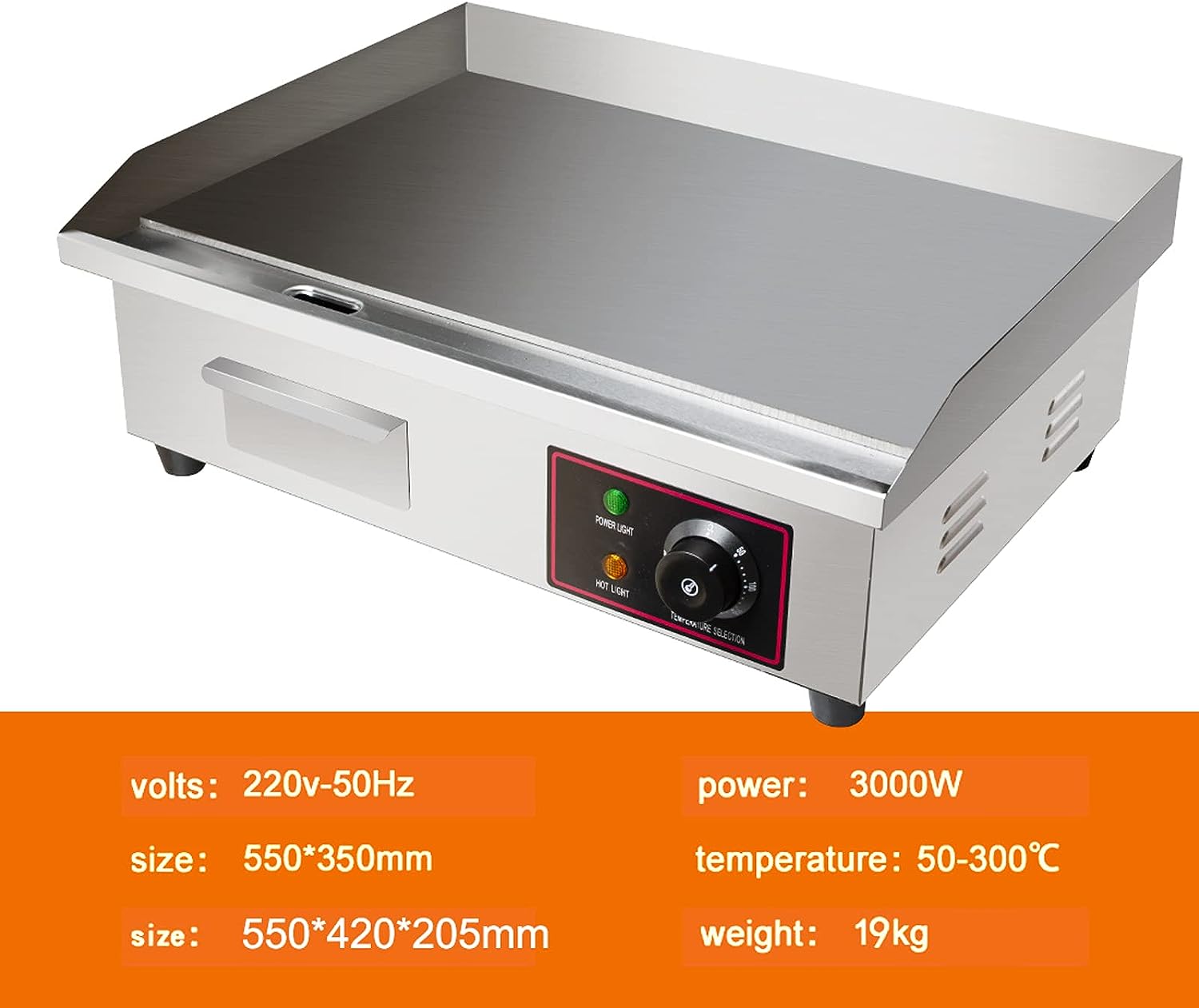 Electric Countertop Griddle Grill with Flat Top & Stainless Steel Body - 3000W -Thermostatic Control for Home, Outdoor & Commercial Cooking