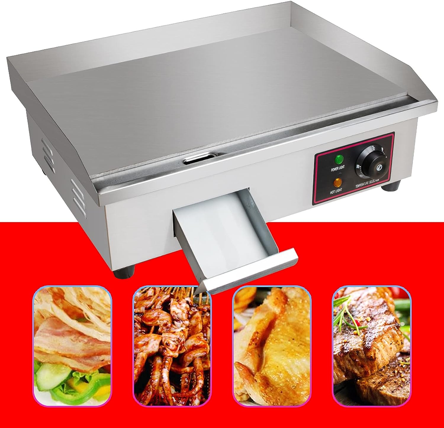 Electric Countertop Griddle Grill with Flat Top & Stainless Steel Body - 3000W -Thermostatic Control for Home, Outdoor & Commercial Cooking
