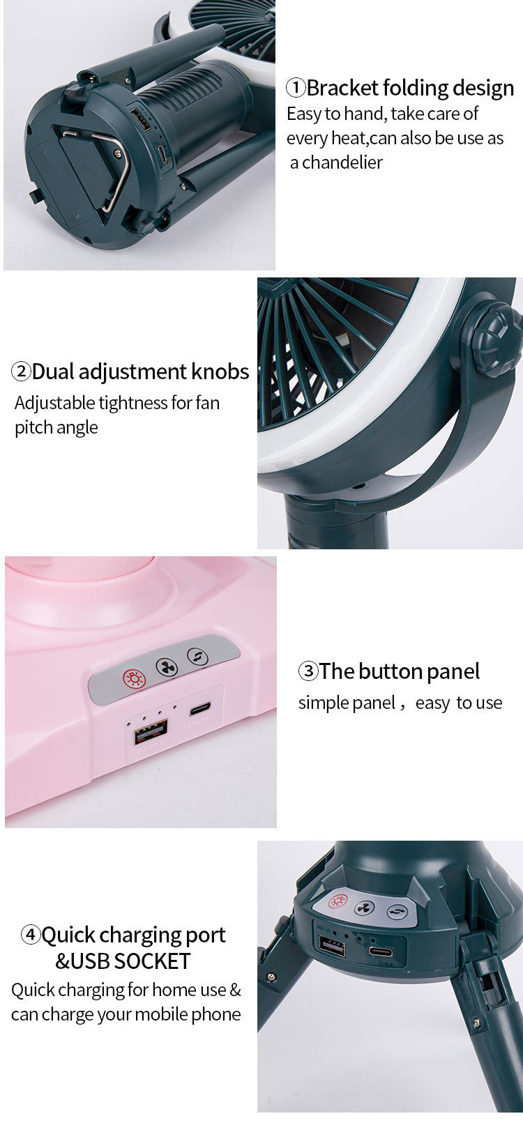 3-in-1 Portable & Foldable Tripod Fan with LED Light & USB Charging, Speed Control & Hanging Hook