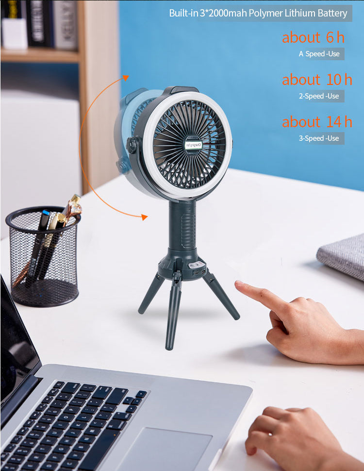 3-in-1 Portable & Foldable Tripod Fan with LED Light & USB Charging, Speed Control & Hanging Hook
