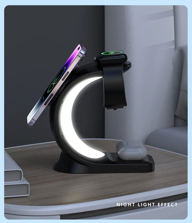 3-IN-1 RGB Wireless Magnetic Fast Charging Station with Phone, Earbuds & Watch