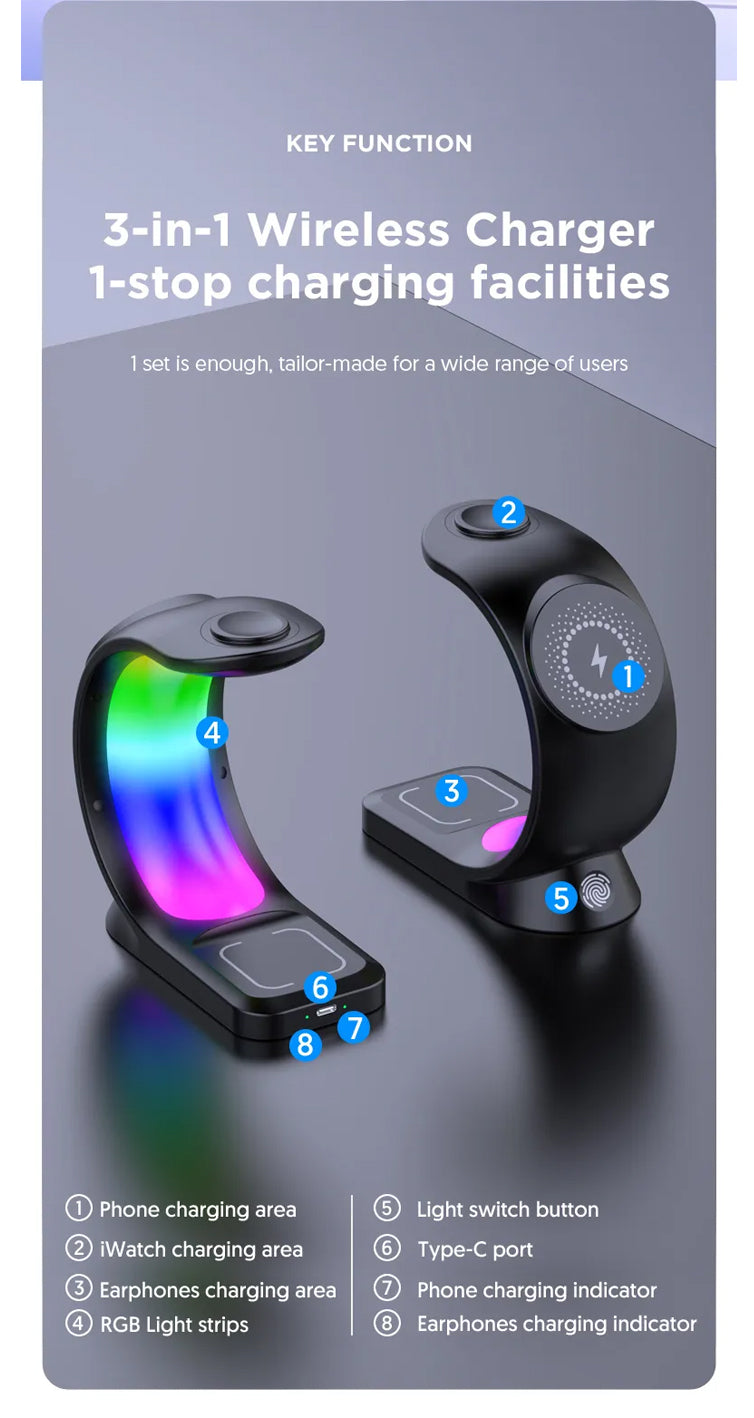 3-IN-1 RGB Wireless Magnetic Fast Charging Station with Phone, Earbuds & Watch