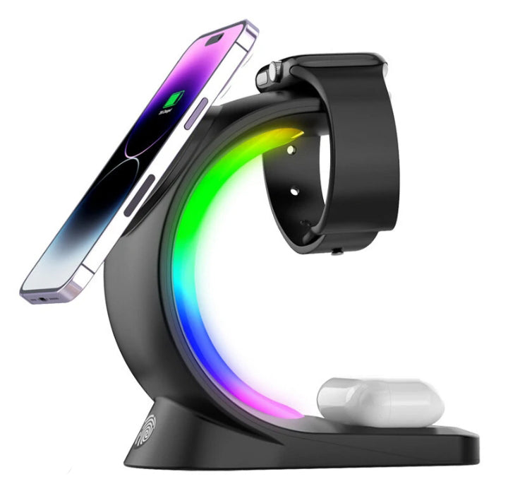 3-IN-1 RGB Wireless Magnetic Fast Charging Station with Phone, Earbuds & Watch