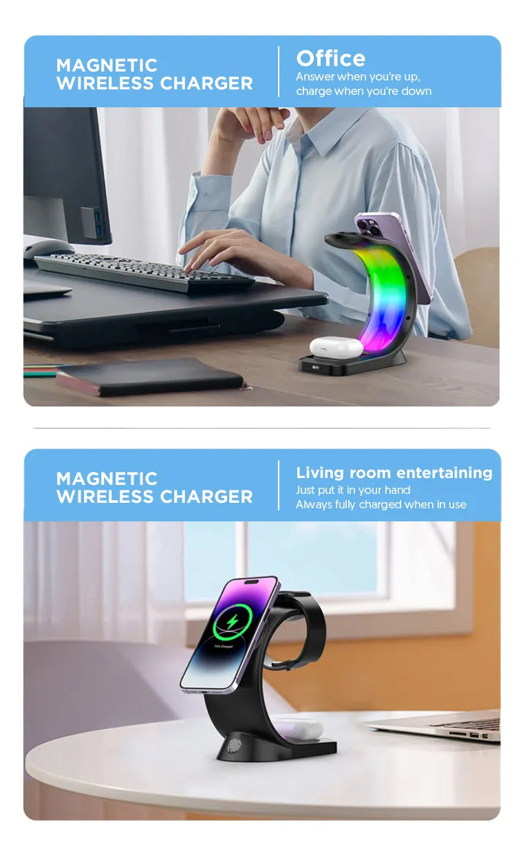 3-IN-1 RGB Wireless Magnetic Fast Charging Station with Phone, Earbuds & Watch