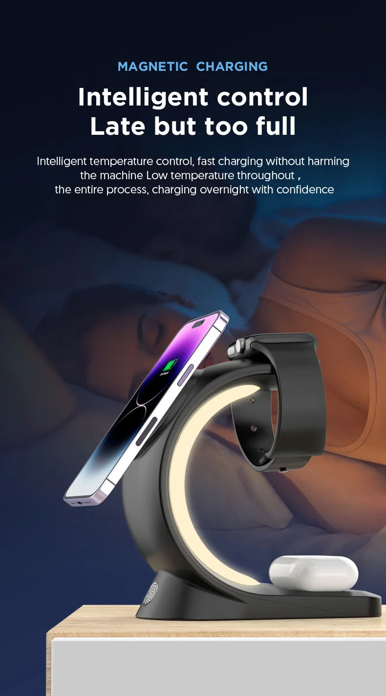 3-IN-1 RGB Wireless Magnetic Fast Charging Station with Phone, Earbuds & Watch