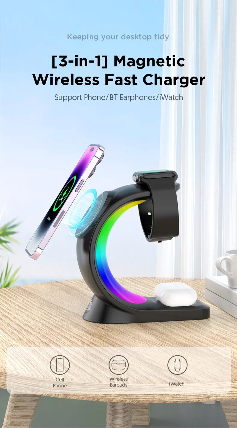 3-IN-1 RGB Wireless Magnetic Fast Charging Station with Phone, Earbuds & Watch