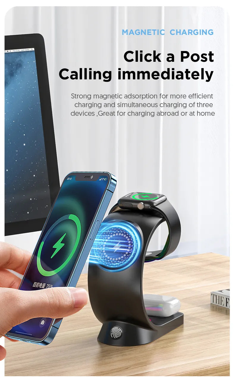 3-IN-1 RGB Wireless Magnetic Fast Charging Station with Phone, Earbuds & Watch