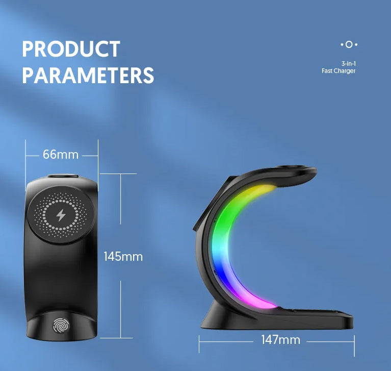 3-IN-1 RGB Wireless Magnetic Fast Charging Station with Phone, Earbuds & Watch