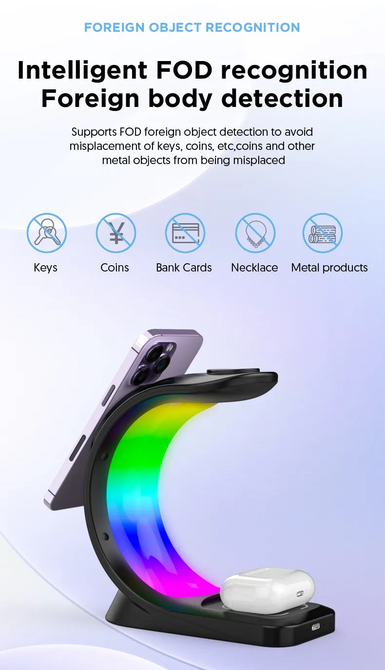 3-IN-1 RGB Wireless Magnetic Fast Charging Station with Phone, Earbuds & Watch