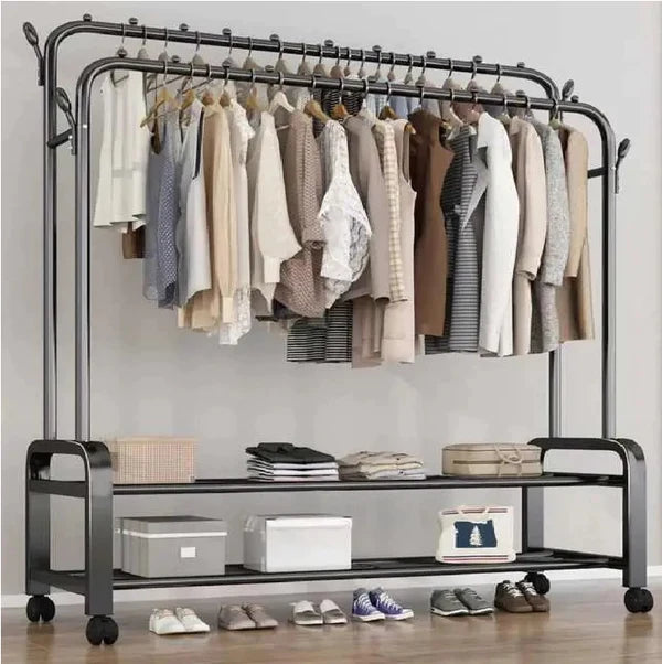 Multi-Purpose Clothes Hanger Rack with Wheels and Two-Layer Storage Stand