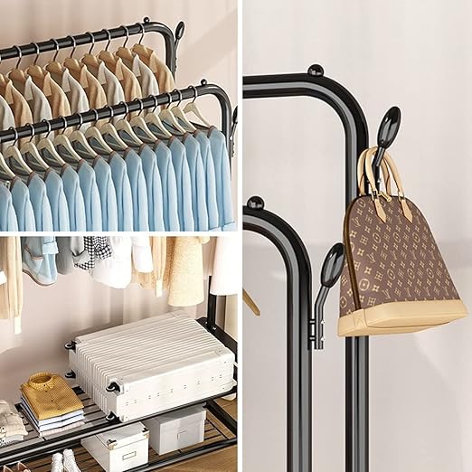 Multi-Purpose Clothes Hanger Rack with Wheels and Two-Layer Storage Stand