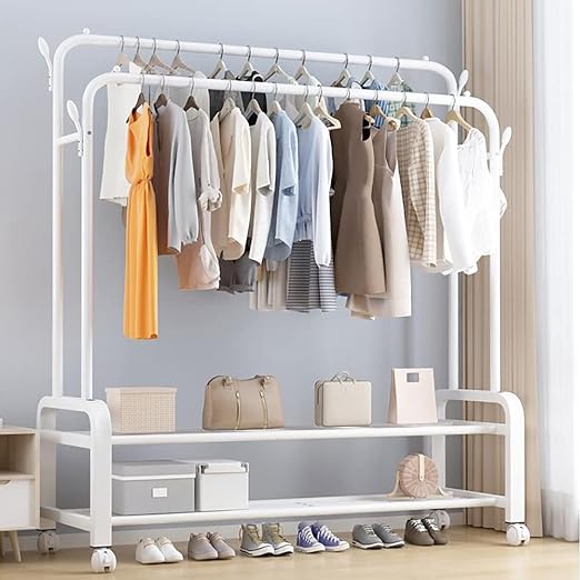 Multi-Purpose Clothes Hanger Rack with Wheels and Two-Layer Storage Stand