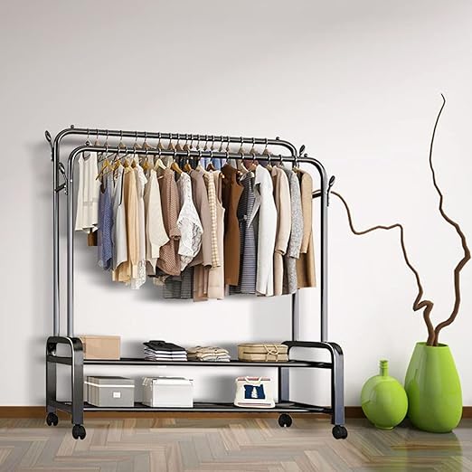 Multi-Purpose Clothes Hanger Rack with Wheels and Two-Layer Storage Stand