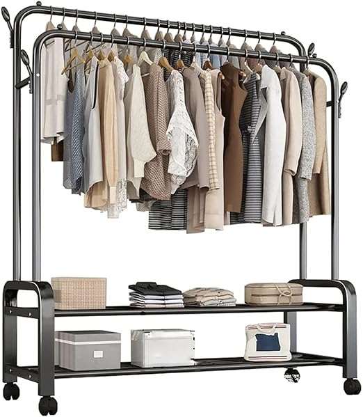 Multi-Purpose Clothes Hanger Rack with Wheels and Two-Layer Storage Stand
