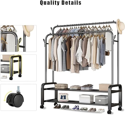 Multi-Purpose Clothes Hanger Rack with Wheels and Two-Layer Storage Stand