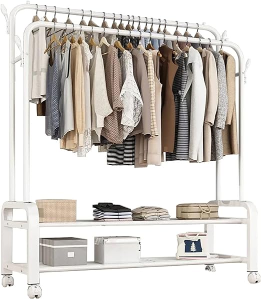 Multi-Purpose Clothes Hanger Rack with Wheels and Two-Layer Storage Stand