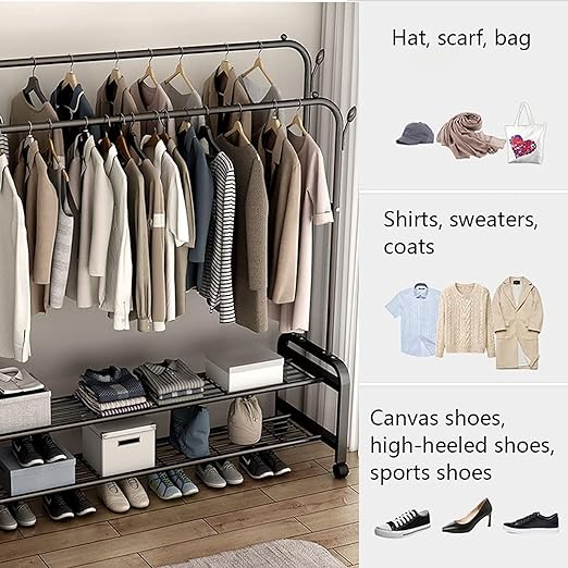 Multi-Purpose Clothes Hanger Rack with Wheels and Two-Layer Storage Stand