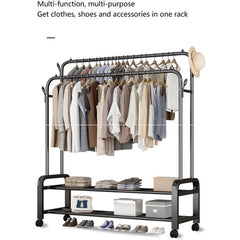 Multi-Purpose Clothes Hanger Rack with Wheels and Two-Layer Storage Stand