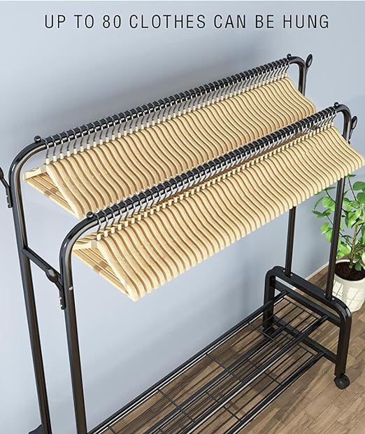 Multi-Purpose Clothes Hanger Rack with Wheels and Two-Layer Storage Stand