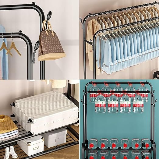 Multi-Purpose Clothes Hanger Rack with Wheels and Two-Layer Storage Stand