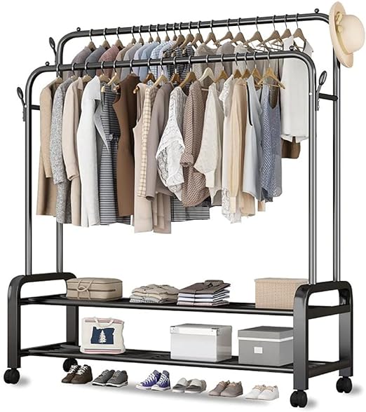 Multi-Purpose Clothes Hanger Rack with Wheels and Two-Layer Storage Stand