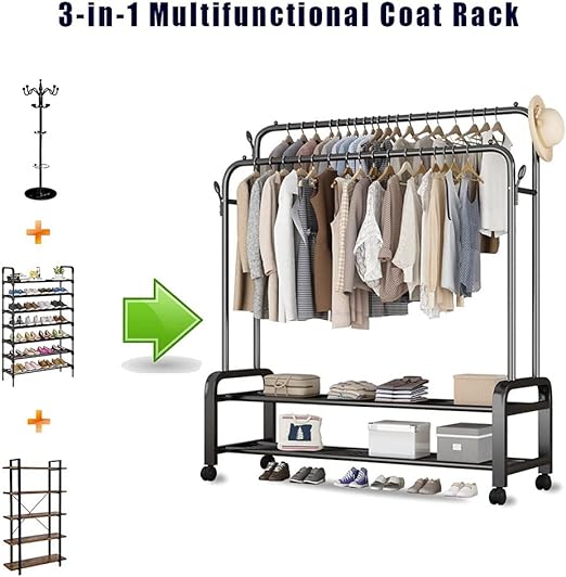 Multi-Purpose Clothes Hanger Rack with Wheels and Two-Layer Storage Stand