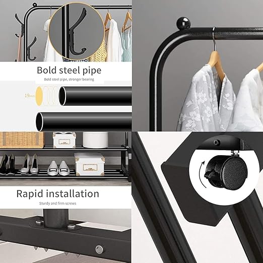 Multi-Purpose Clothes Hanger Rack with Wheels and Two-Layer Storage Stand