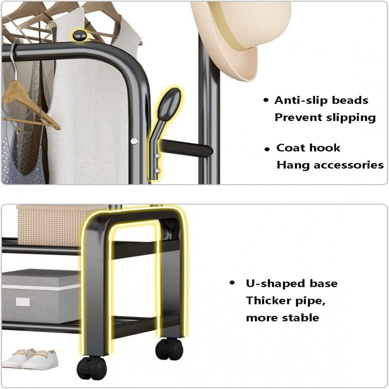 Multi-Purpose Clothes Hanger Rack with Wheels and Two-Layer Storage Stand