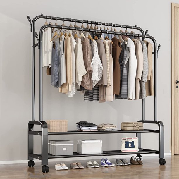 Multi-Purpose Clothes Hanger Rack with Wheels and Two-Layer Storage Stand