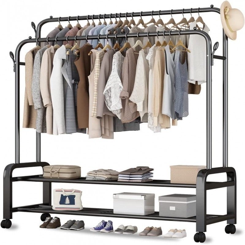 Multi-Purpose Clothes Hanger Rack with Wheels and Two-Layer Storage Stand